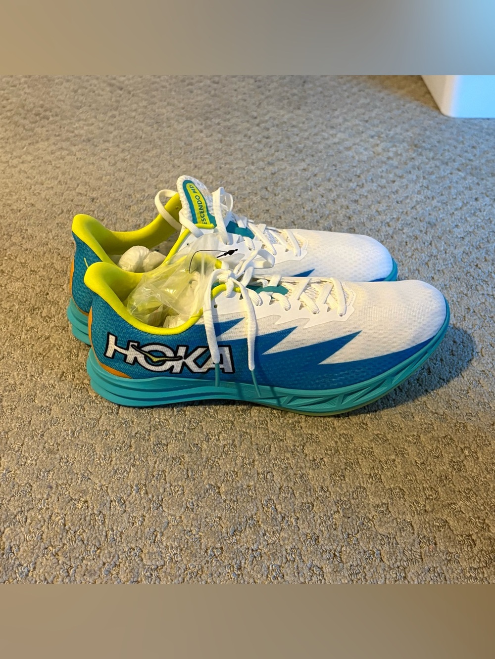 Hoka White, Teal & Neon Yellow Lightweight Sneakers